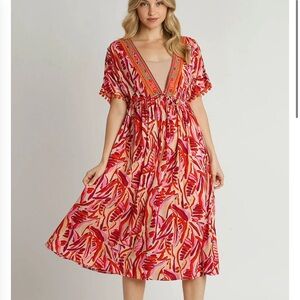Umgee Tropical Print Pom Trim Midi Dress